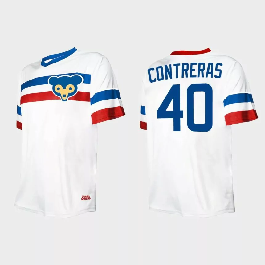Men’s Willson Contreras Chicago Cubs Cooperstown Collection V-Neck Jersey – White