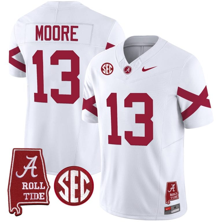 Men’s Youth Alabama Crimson Tide Vapor Limited Jersey V6 – Alabama Map – All Stitched white#13 Malachi Moore