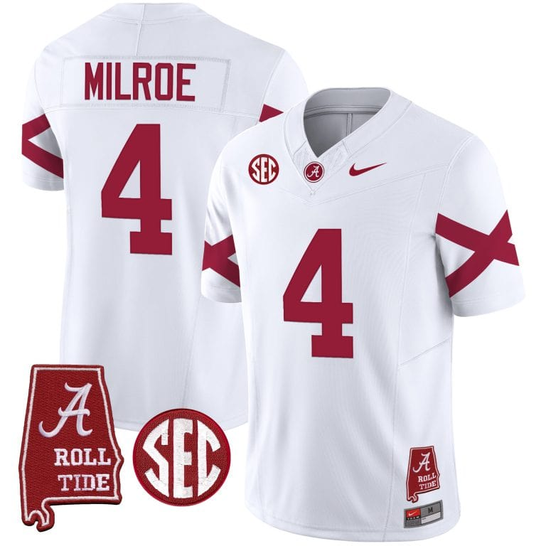 Men’s Youth Alabama Crimson Tide Vapor Limited Jersey V6 – Alabama Map – All Stitched white#4 Jalen Milroe