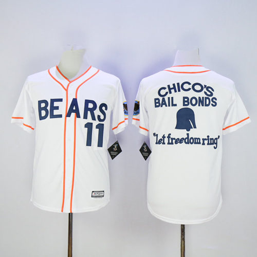 Mens #11 Amanda Wurlitzer The Bad News Bears Film Chico's Bail Bonds  Let freedom ring Stitched White Baseball Jersey