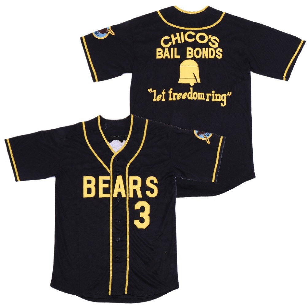 Mens #3 Kelly Leak The Bad News Bears Film Chico's Bail Bonds  Let freedom ring Stitched Black Baseball Jersey