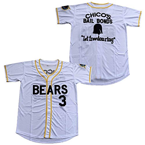 Mens #3 Kelly Leak The Bad News Bears Film Chico's Bail Bonds Let freedom ring Stitched White Baseball Jersey