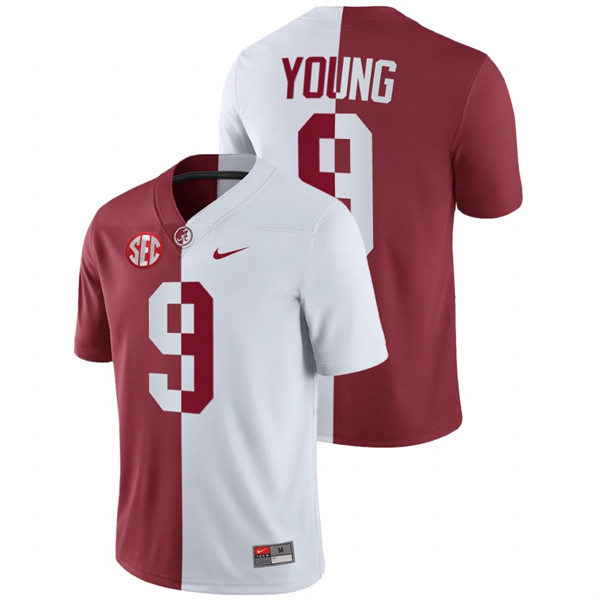 Mens Alabama Crimson Tide #9 Bryce Young White Crimson Nike Split Two-Tone Jersey