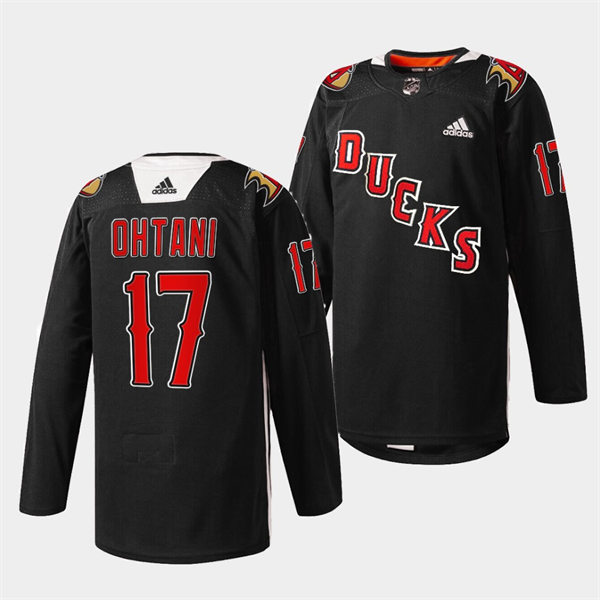 Mens Anaheim Ducks #17 Shohei Ohtani Los Angeles Angels Black Practice 2022 Angels Night Stitched Jersey