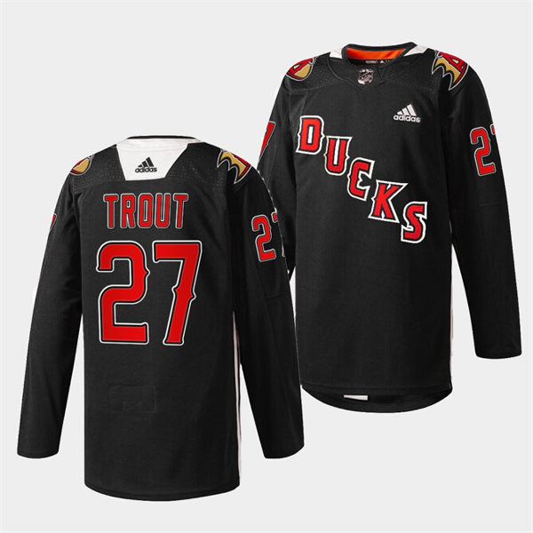 Mens Anaheim Ducks #27 Mike Trout Los Angeles Angels Black Practice 2022 Angels Night Stitched Jersey