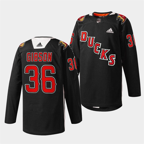 Mens Anaheim Ducks #36 John Gibson Black Practice 2022 Angels Night Stitched Jersey