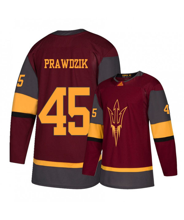 Mens Arizona State Sun Devils #45 Max Prawdzik Stitched Adidas Maroon Hockey Jersey