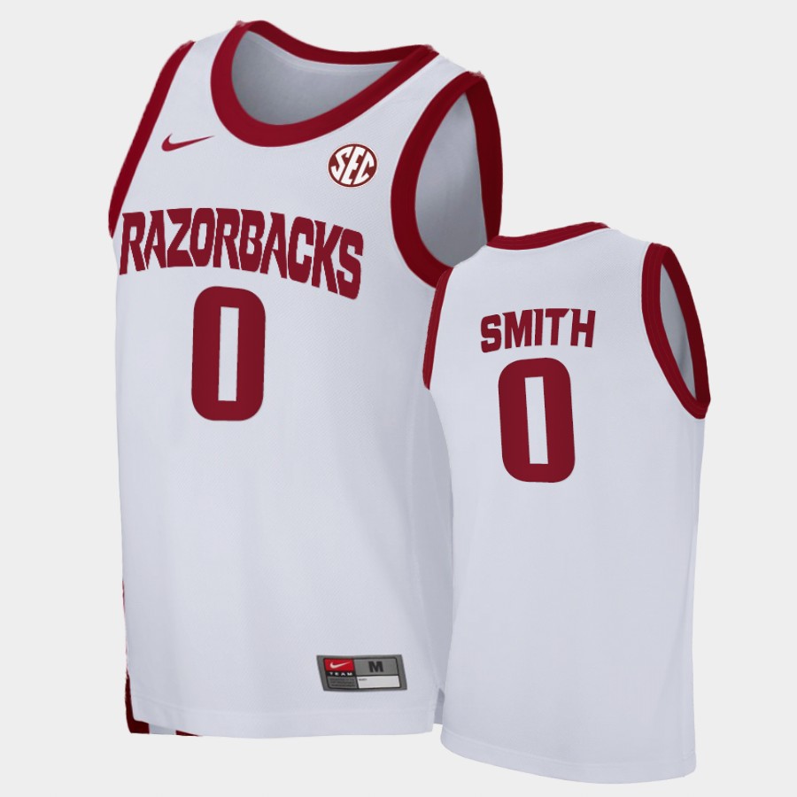 Mens Arkansas Razorbacks #0 Justin Smith Nike 2020-21 White College Basketball Game Jersey