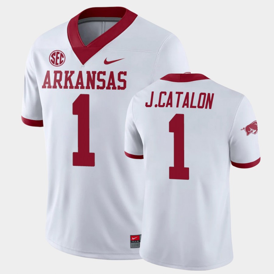 Mens Arkansas Razorbacks #1 Jalen Catalon Nike 2020 White College Football Jersey