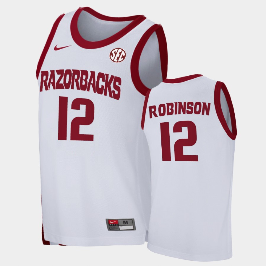 Mens Arkansas Razorbacks #12 Khalen Robinson Nike 2020-21 White College Basketball Game Jersey