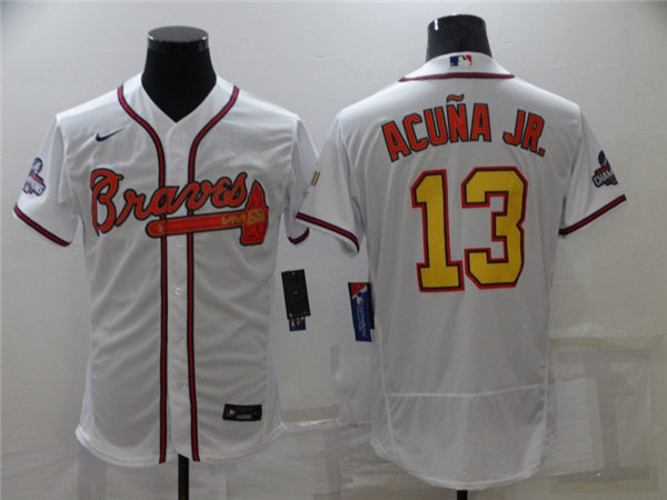 Mens Atlanta Braves #13 Ronald Acuna Jr Nike 2022 White Gold Program 4 Times World Series Champions