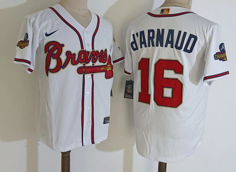 Mens Atlanta Braves #16 Travis d'Arnaud White 2022 Gold Program World Championship Jersey