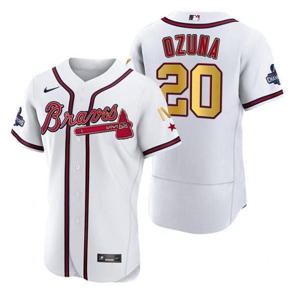 Mens Atlanta Braves #20 Marcell Ozuna Nike 2022 White Gold Program 4 Times World Series Champions