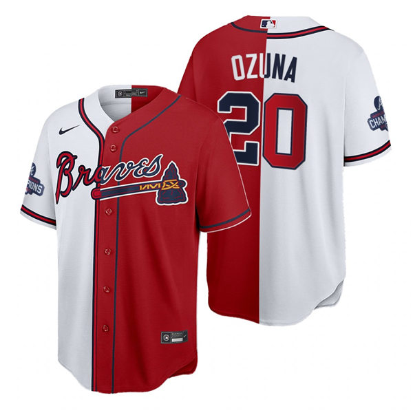Mens Atlanta Braves #20 Marcell Ozuna Nike Red White Split Two-Tone 2021 World Series Champions