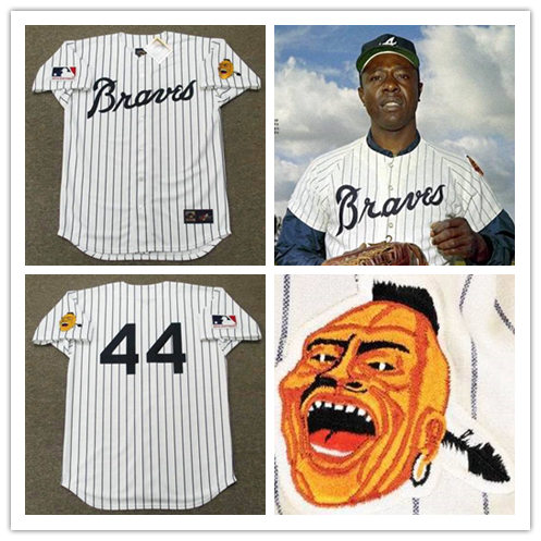 Mens Atlanta Braves #44 HANK AARON 969 White Navy Pinstripe Majestic Cooperstown Jersey