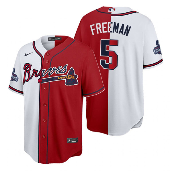 Mens Atlanta Braves #5 Freddie Freeman Nike Red White Split Two-Tone 2021 World Series Champions