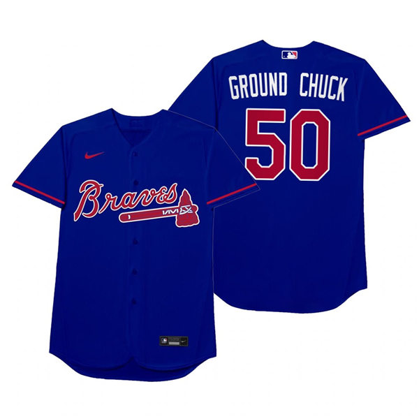 Mens Atlanta Braves #50 Charlie Morton Nike Royal 2021 Players' Weekend Nickname Ground Chuck
