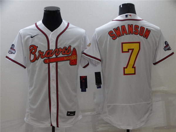 Mens Atlanta Braves #7 Dansby Swanson Nike 2022 White Gold Program 4 Times World Series Champions