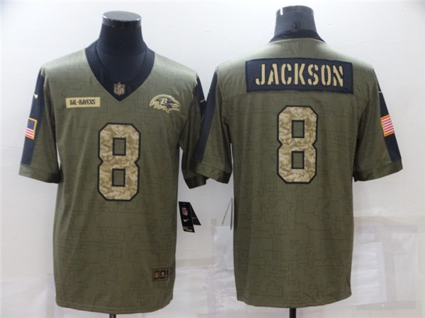 Mens Baltimore Ravens #8 Lamar Jackson Nike 2021 Olive Camo Number Salute To Service Limited Jersey