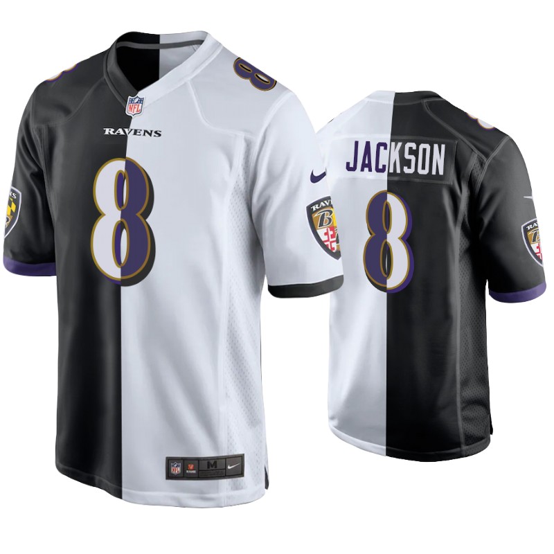 Mens Baltimore Ravens #8 Lamar Jackson Nike Black White Split Two-Tone Jersey