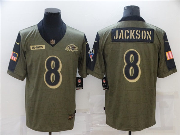 Mens Baltimore Ravens #8 Lamar Jackson Nike Olive 2021 Salute To Service Limited Stitched Jersey