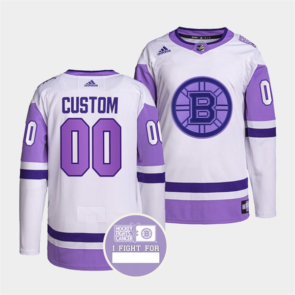 Mens Boston Bruins Custom Stitched 2021 White Purple Primegreen Hockey Fights Cancer Jersey Stitched