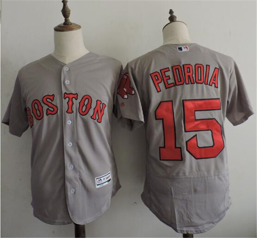 Mens Boston Red Sox #15 Dustin Pedroia Grey Majestic Flex Base Baseball Jersey
