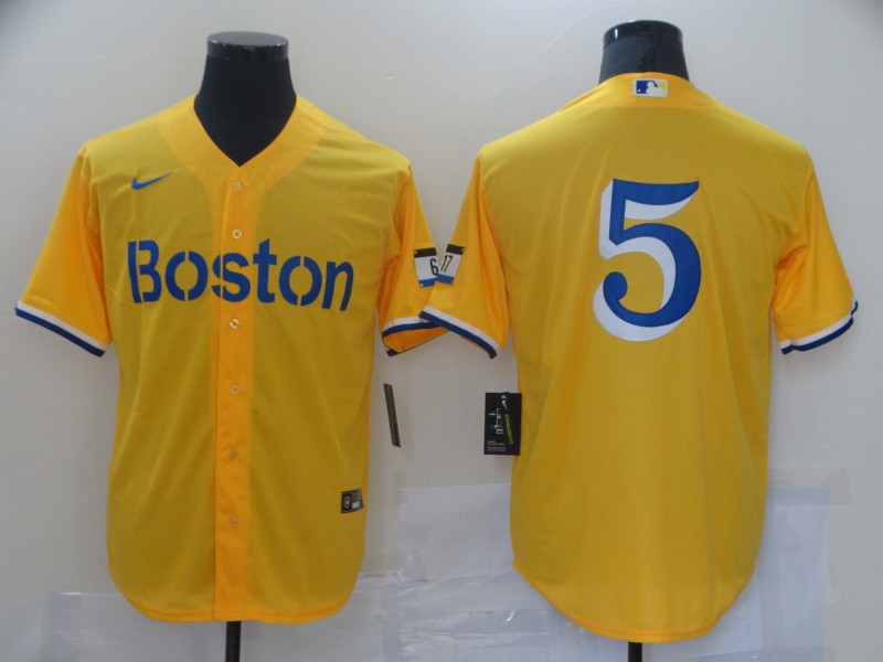 Mens Boston Red Sox #5 Enrique Hernandez Kike Hernandez Yellow 2021 Nike MLB City Connect Jerseys