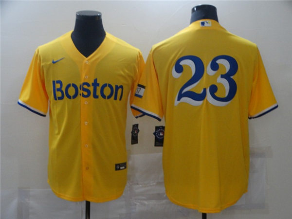 Mens Boston Red Sox Retired Player #23 Luis Tiant Nike Yellow Light Blue 2021 City Connect Jerseys