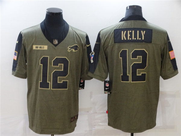 Mens Buffalo Bills Retired Player #12 Jim Kelly Stitched Nike Olive 2021 Salute To Service Limited Player Stitched Jersey