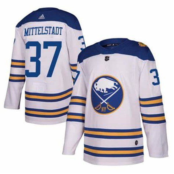 Mens Buffalo Sabres #37 Casey Mittelstadt Adidas White Royal Away Premier Stitched Jersey