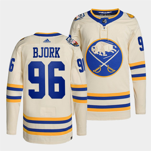 Mens Buffalo Sabres #96 Anders Bjork Adidas Cream 2022 NHL Heritage Classic Premier Player Stitched Jersey