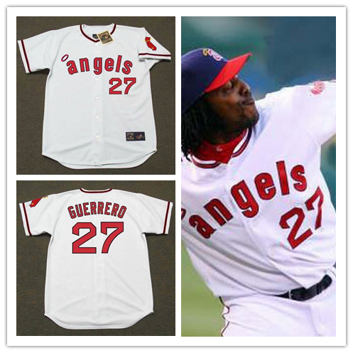 Mens California Angels #27 VLADIMIR GUERRERO 1970's White Majestic Cooperstown Throwback Jersey