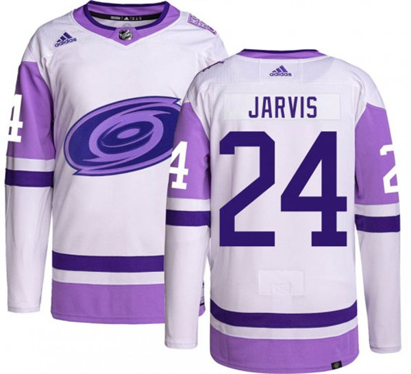 Mens Carolina Hurricanes #24 Seth Jarvis 2021-22 White Purple Hockey Fights Cancer Primegreen Stitched Jersey