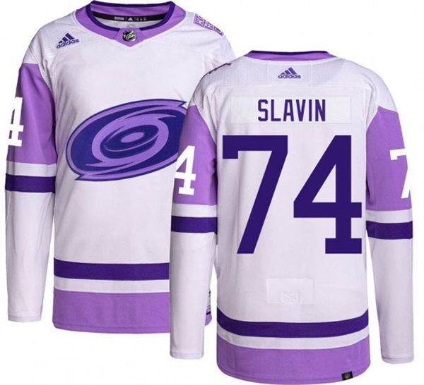 Mens Carolina Hurricanes #74 Jaccob Slavin 2021-22 White Purple Hockey Fights Cancer Primegreen Stitched Jersey