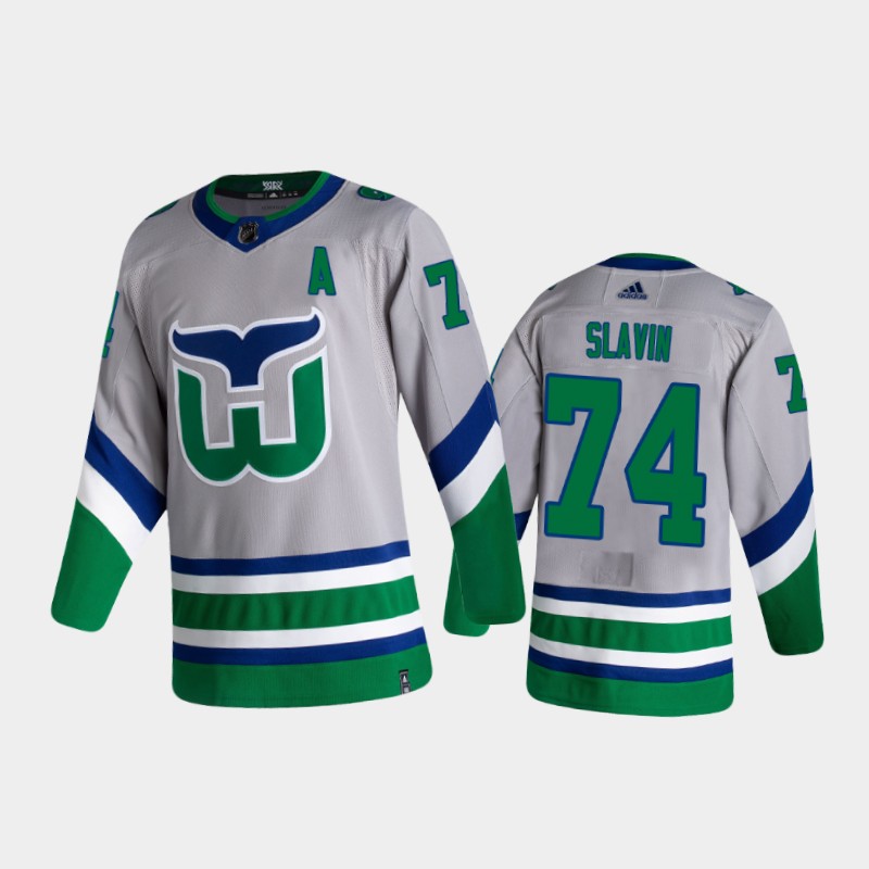 Mens Carolina Hurricanes #74 Jaccob Slavin silvery grey Adidas 2021 NHL REVERSE RETRO Stitched JERSEYS
