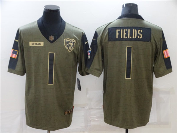Mens Chicago Bears #1 Justin Fields Stitched Nike Olive 2021 Salute To Service Limited Player Stitched Jersey