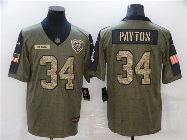 Mens Chicago Bears Retired Player #34 Walter Payton Nike 2021 Olive Camo Number Salute To Service Limited Stitched Jersey