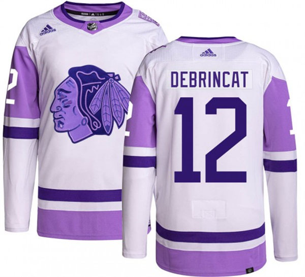 Mens Chicago Blackhawks #12 Alex DeBrincat 2021-22 White Purple Hockey Fights Cancer Primegreen Stitched Jersey