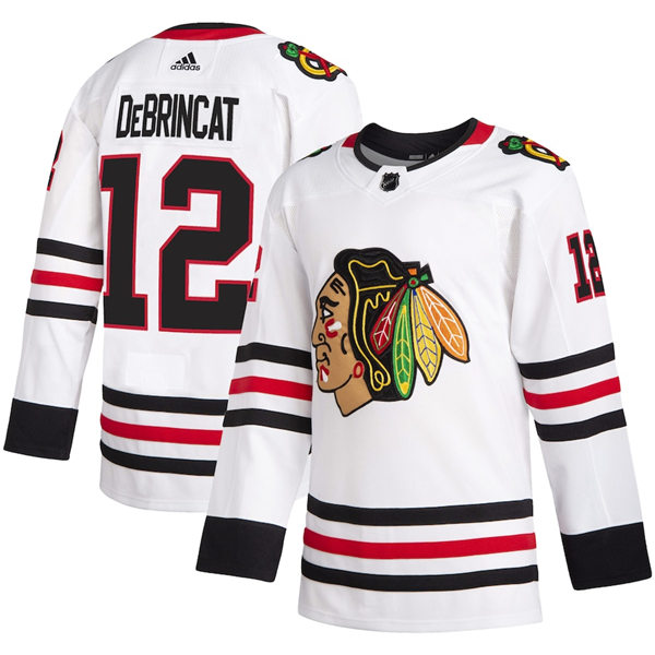 Mens Chicago Blackhawks #12 Alex DeBrincat Adidas Away White Stitched Jersey