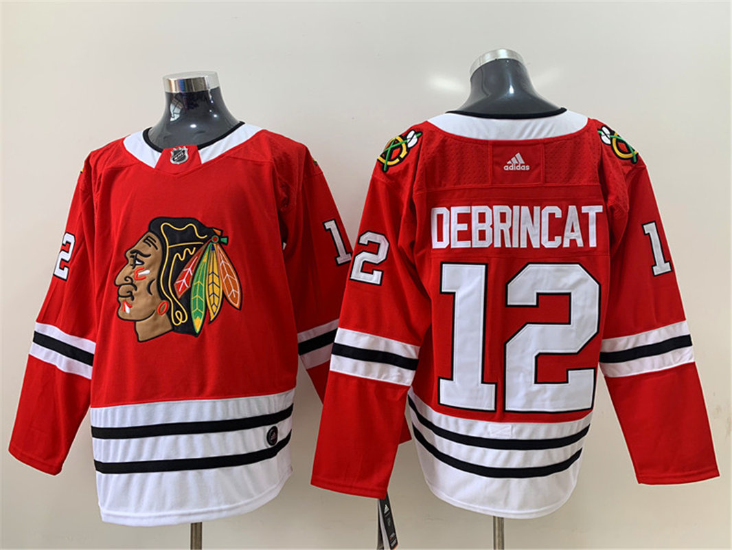 Mens Chicago Blackhawks #12 Alex DeBrincat Adidas Home Red Stitched Jersey