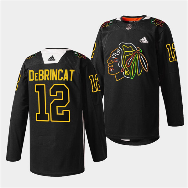 Mens Chicago Blackhawks #12 Alex DeBrincat Black Warm-Up 2021-22 Foundation Night Stitched Jersey