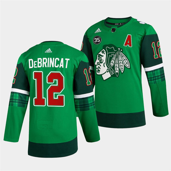 Mens Chicago Blackhawks #12 Alex DeBrincat Green 2020 St. Patrick's Day Player Stitched Jersey