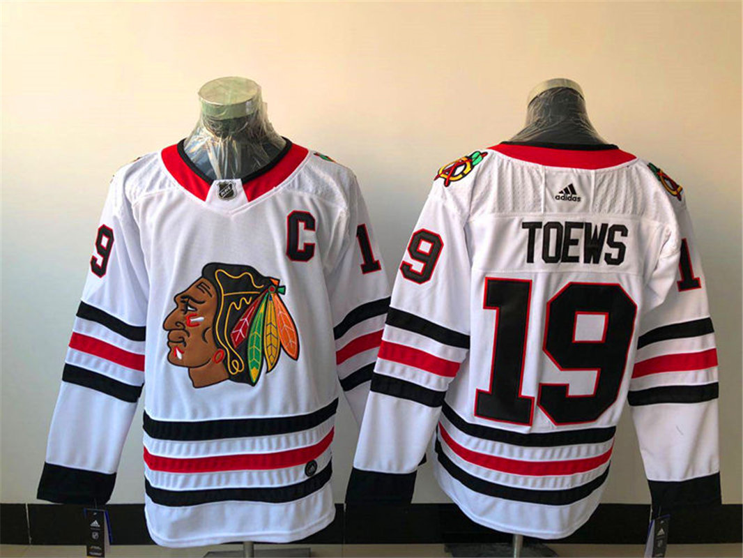 Mens Chicago Blackhawks #19 Jonathan Toews Adidas Away White Stitched Jersey