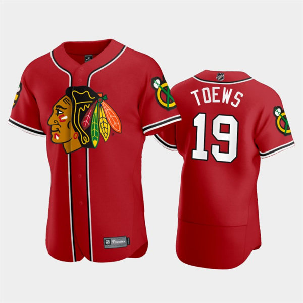 Mens Chicago Blackhawks #19 Jonathan Toews NHL X MLB Crossover Edition Red Baseball Stitched Jersey