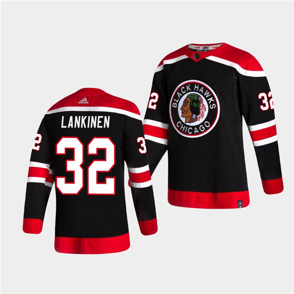 Mens Chicago Blackhawks #32 Kevin Lankinen Black Adidas 2020-21 NHL Reverse Retro Stitched Jersey