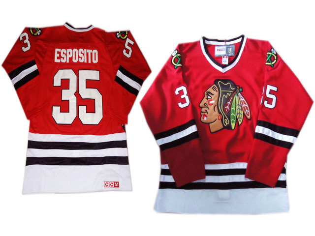Mens Chicago Blackhawks #35 Tony Esposito Red CCM Throwback Jersey Stitched