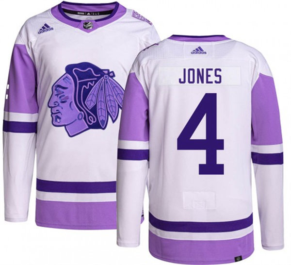 Mens Chicago Blackhawks #4 Seth Jones 2021-22 White Purple Hockey Fights Cancer Primegreen Stitched Jersey