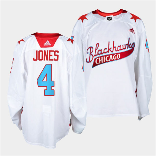 Mens Chicago Blackhawks #4 Seth Jones Adidas White 2021 One Community Night Stitched Jersey