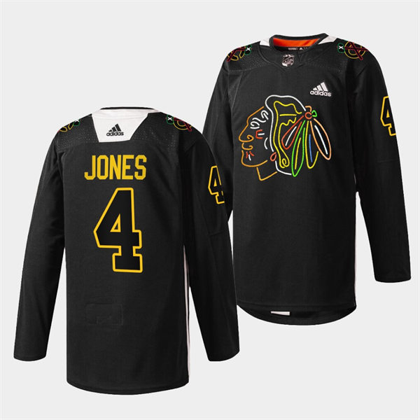 Mens Chicago Blackhawks #4 Seth Jones Black Warm-Up 2021-22 Foundation Night Stitched Jersey